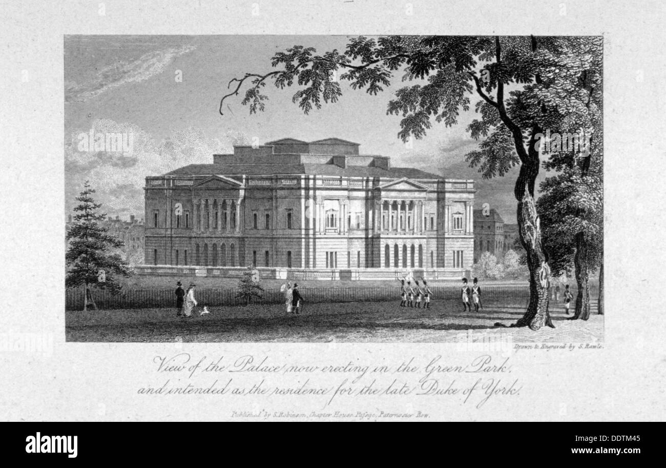 La York House e Green Park, Westminster, London, c1800. Artista: Samuel Rawle Foto Stock