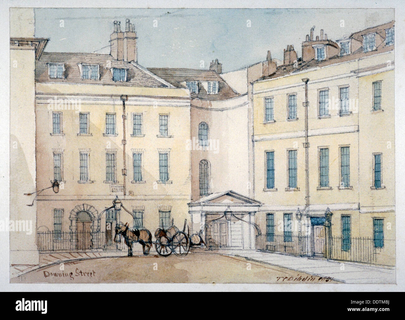 Vista di Downing Street, Westminster, Londra, 1851. Artista: Thomas Colman Dibdin Foto Stock