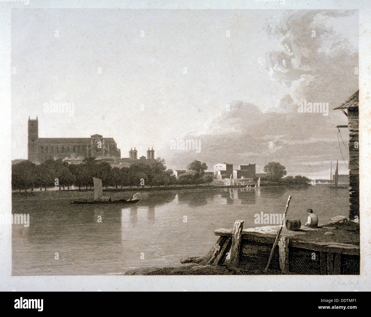 Abbazia di Westminster dal lato opposto del fiume Tamigi, Londra, c1800. Artista: Samuel Rawle Foto Stock