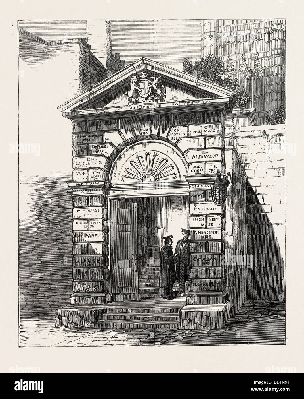 Portale di ingresso della scuola di Westminster, Londra, Regno Unito, 1860 l'incisione Foto Stock