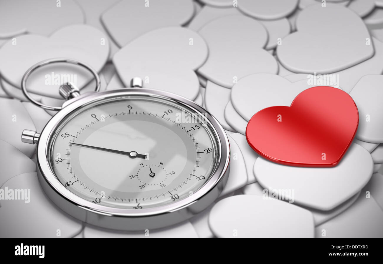 Speed Dating e il concetto di amore - molti cuori bianco forme più un cuore rosso e un cronometro. Foto Stock