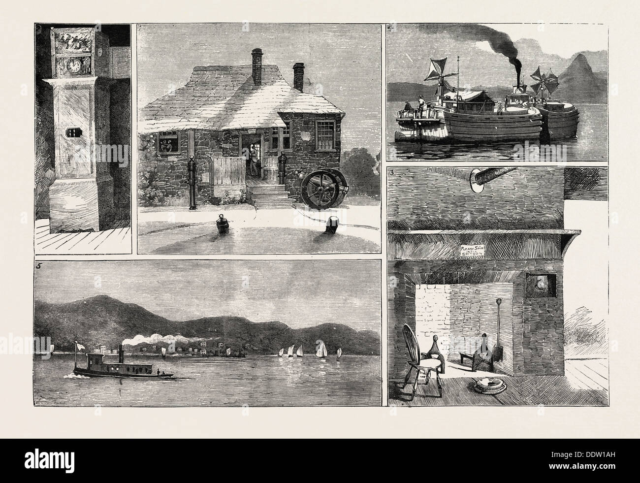 Il fiume Hudson, I. Washington presso la sede centrale a Newburg. 2. Washington's orologio. 3. Cucina a Washington presso la sede centrale. 4. A traino Foto Stock