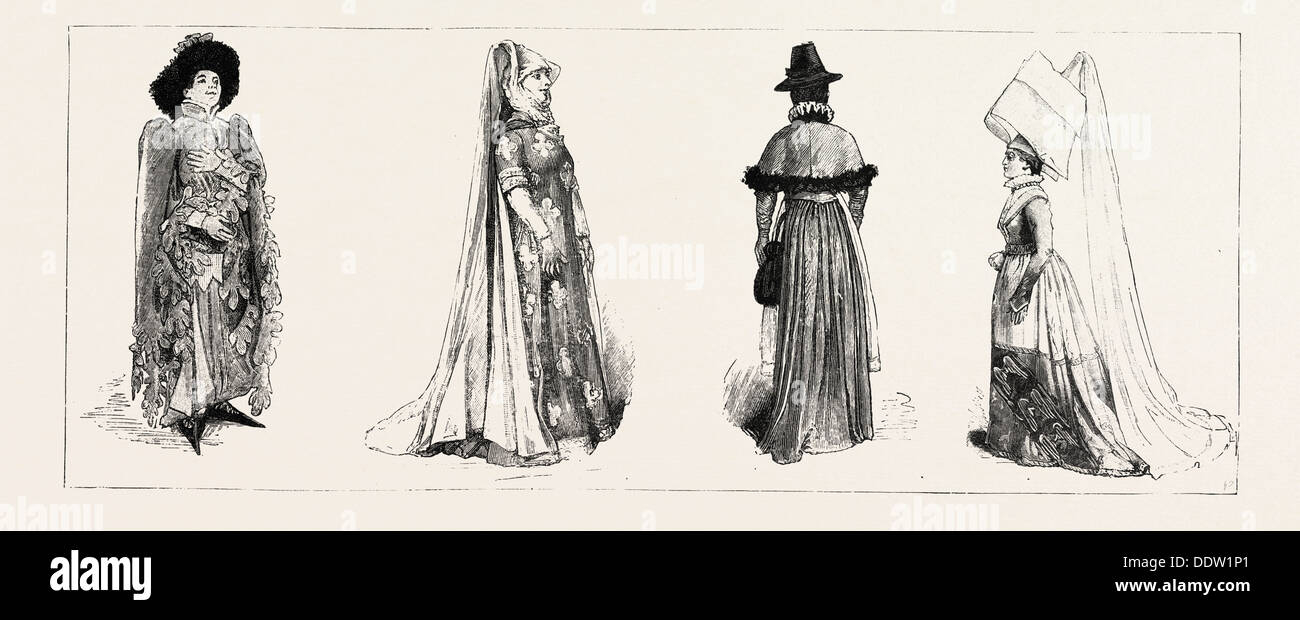 Costumi storici AL SALONE INTERNAZIONALE, South Kensington, Londra, incisione 1884, Regno Unito, Gran Bretagna British, europa Foto Stock
