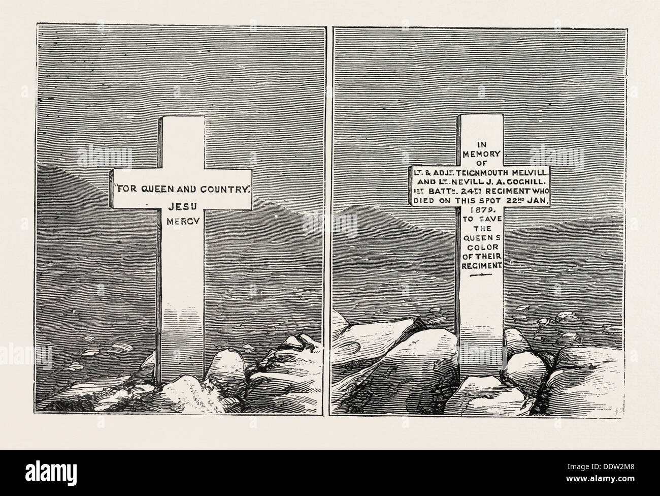 Lapide presso le tombe dei luogotenenti MELVILL E COGHILL, LA GUERRA ZULU, incisione 1879 Foto Stock