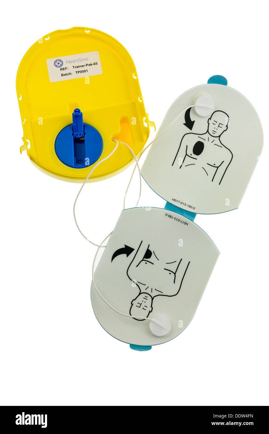 Gli elettrodi per defibrillazione per addestramento per un Heartsine defibrillatore automatico Foto Stock