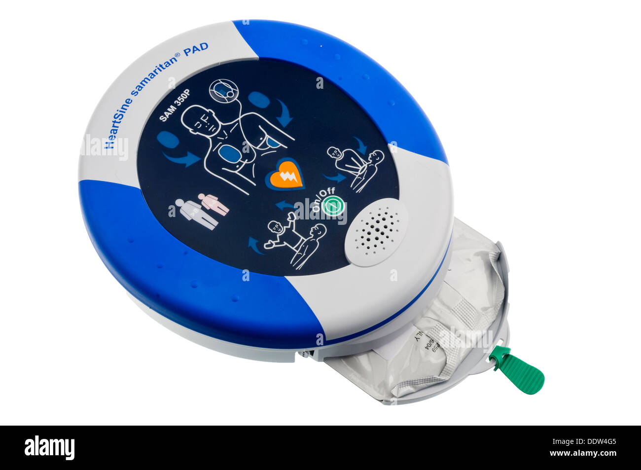 Heartsine SAM350P defibrillatore automatico con le pastiglie asportate Foto Stock