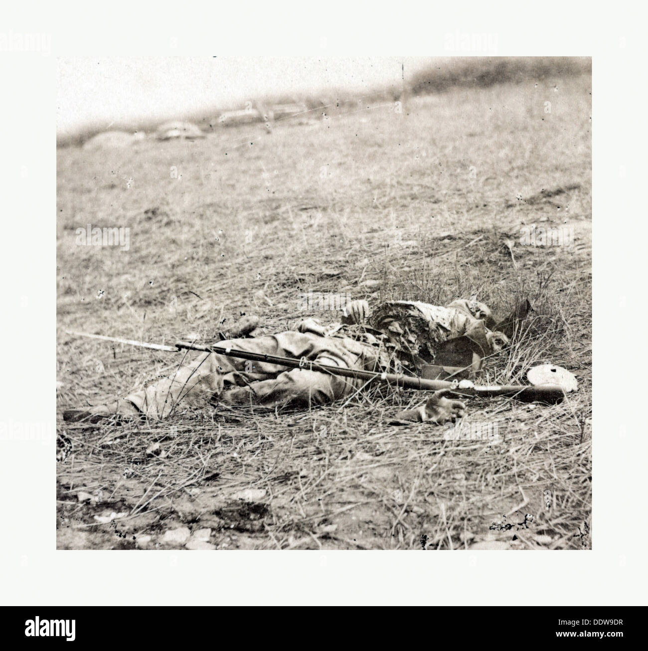 La guerra civile americana: gli orrori della guerra, soldato confederato ucciso da un guscio in corrispondenza di battaglia di Gettysburg, Luglio 3, 1863 Foto Stock