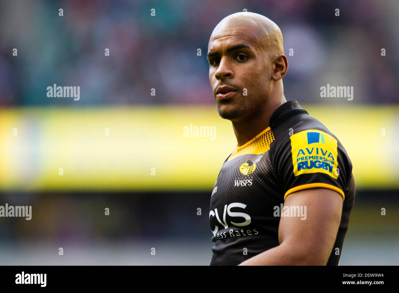 Londra, Regno Unito. 07Th Sep, 2013. Vespe' Tom Varndell. Azione dal London Wasps vs arlecchini in Aviva Premiership Londra testata doppia partita giocata a Twickenham Stadium di Londra. Credito: Graham Wilson/Alamy Live News Foto Stock