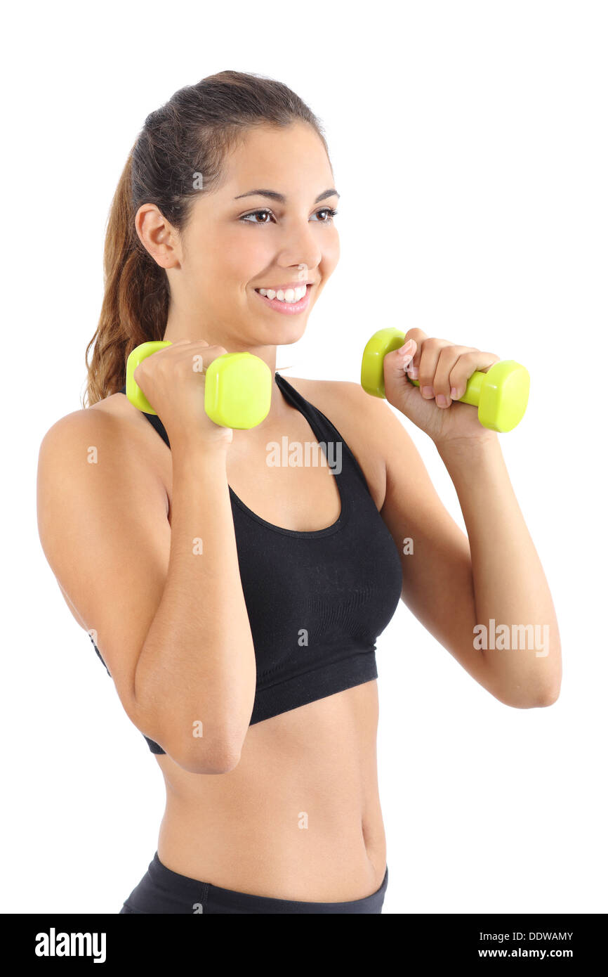 Bella donna fitness praticare aerobica con manubri isolato su uno sfondo bianco Foto Stock