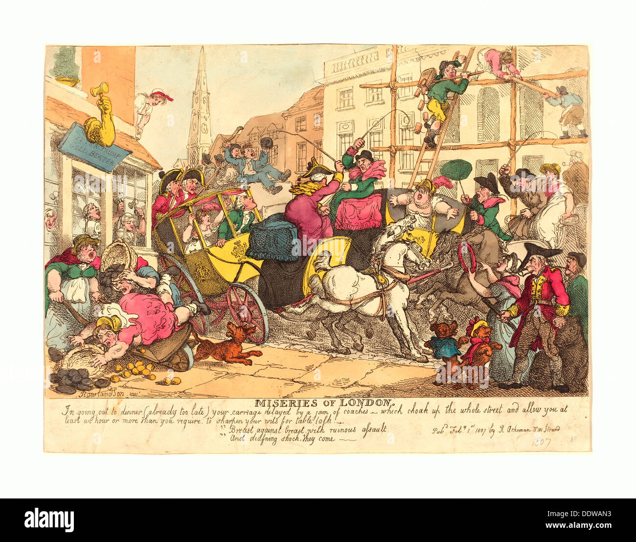 Thomas Rowlandson (British, 1756 - 1827 ), miserie di Londra, pubblicato 1807, colorate a mano l'attacco Foto Stock