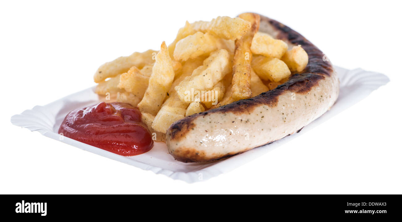Bratwurst tedesco con Patatine fritte isolati su sfondo bianco Foto Stock