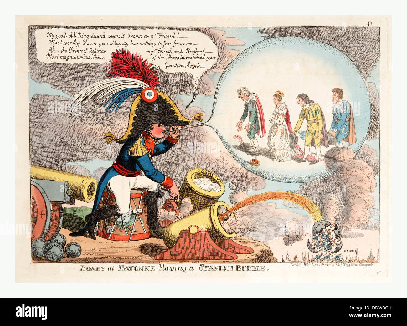 Boney a Bayonne soffiando una bolla spagnola,1808 Napoleone convincente la royalty spagnolo, che sono racchiusi in una bolla di sapone Foto Stock