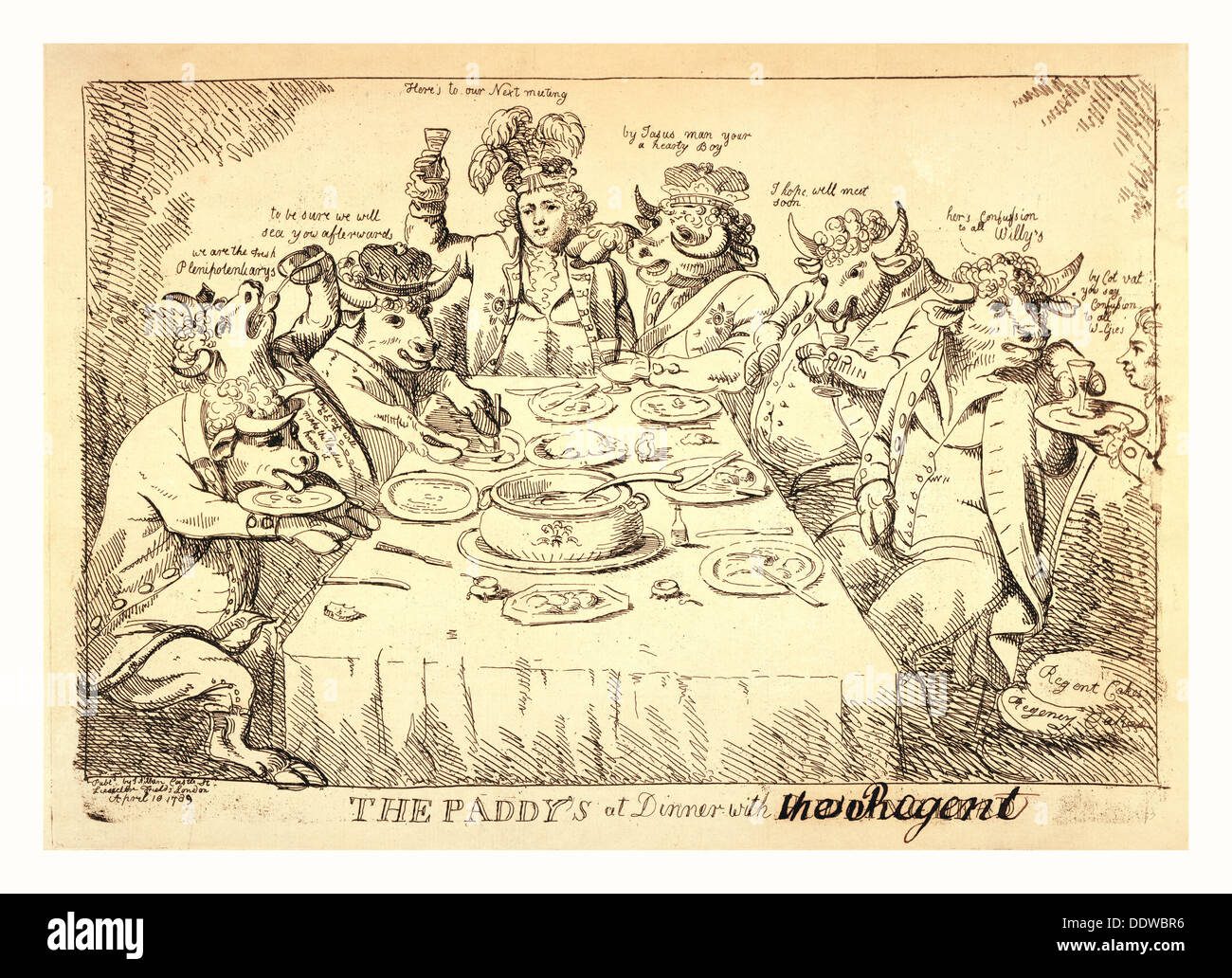 Il Paddy's a cena con Puddinghead, il Regent, London, 1789, George, Principe di Galles, seduti a un tavolo per mangiare e bere Foto Stock