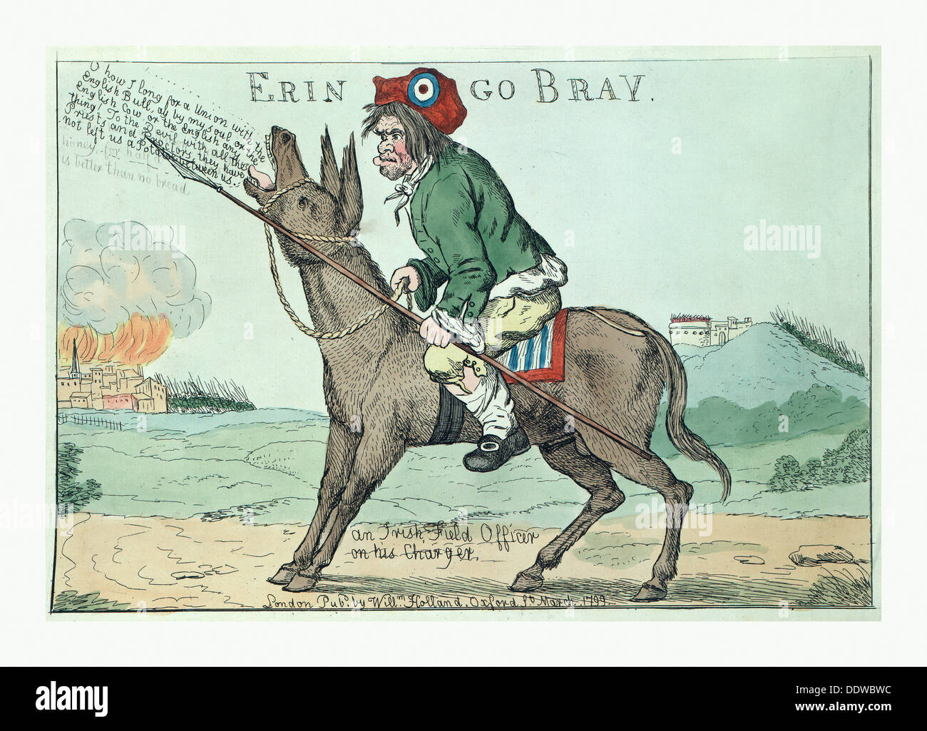 Erin go bray,incisione 1799, Irish ufficiali di campo sul suo caricabatterie o un irlandese tenendo una lancia, seduto su un asino Foto Stock