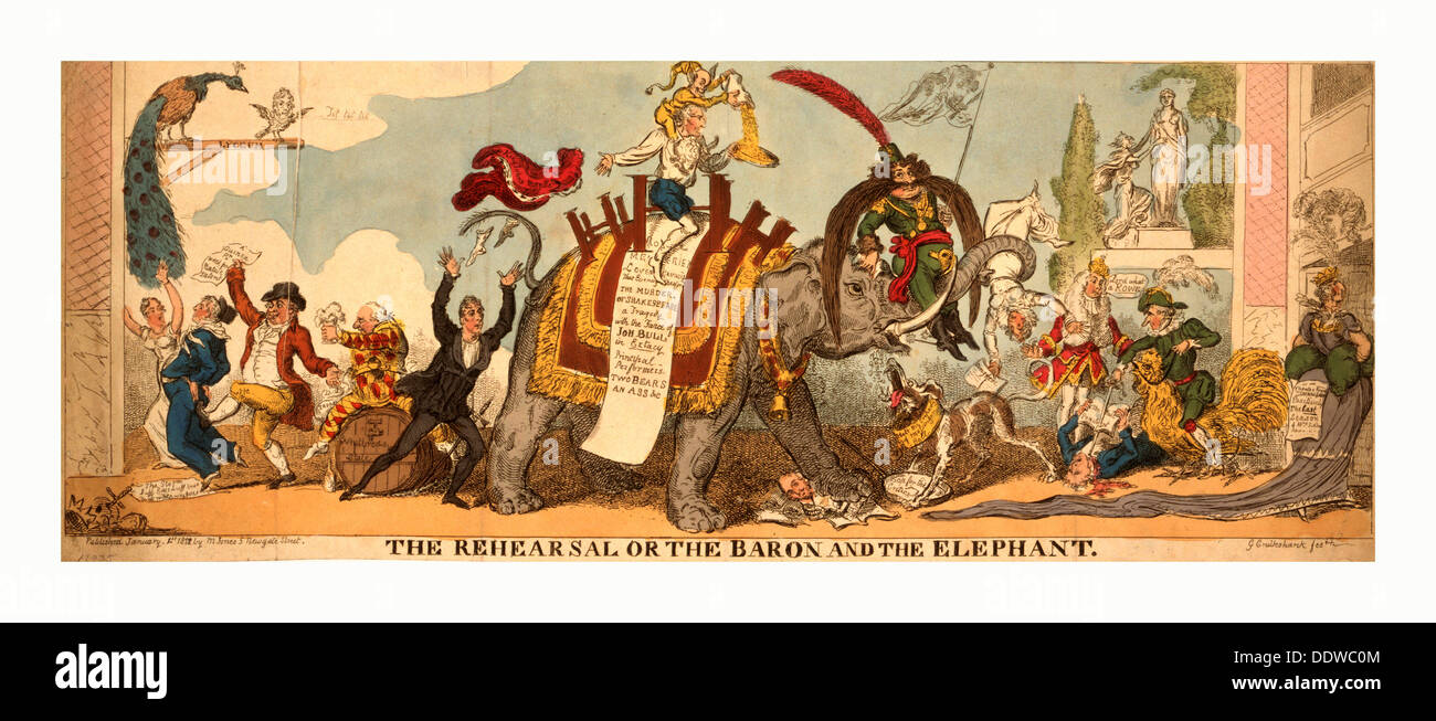 La prova o il barone e l'elefante, Cruikshank, George, 1792-1878, incisione 1812, una satira del Covent Garden pantom Foto Stock