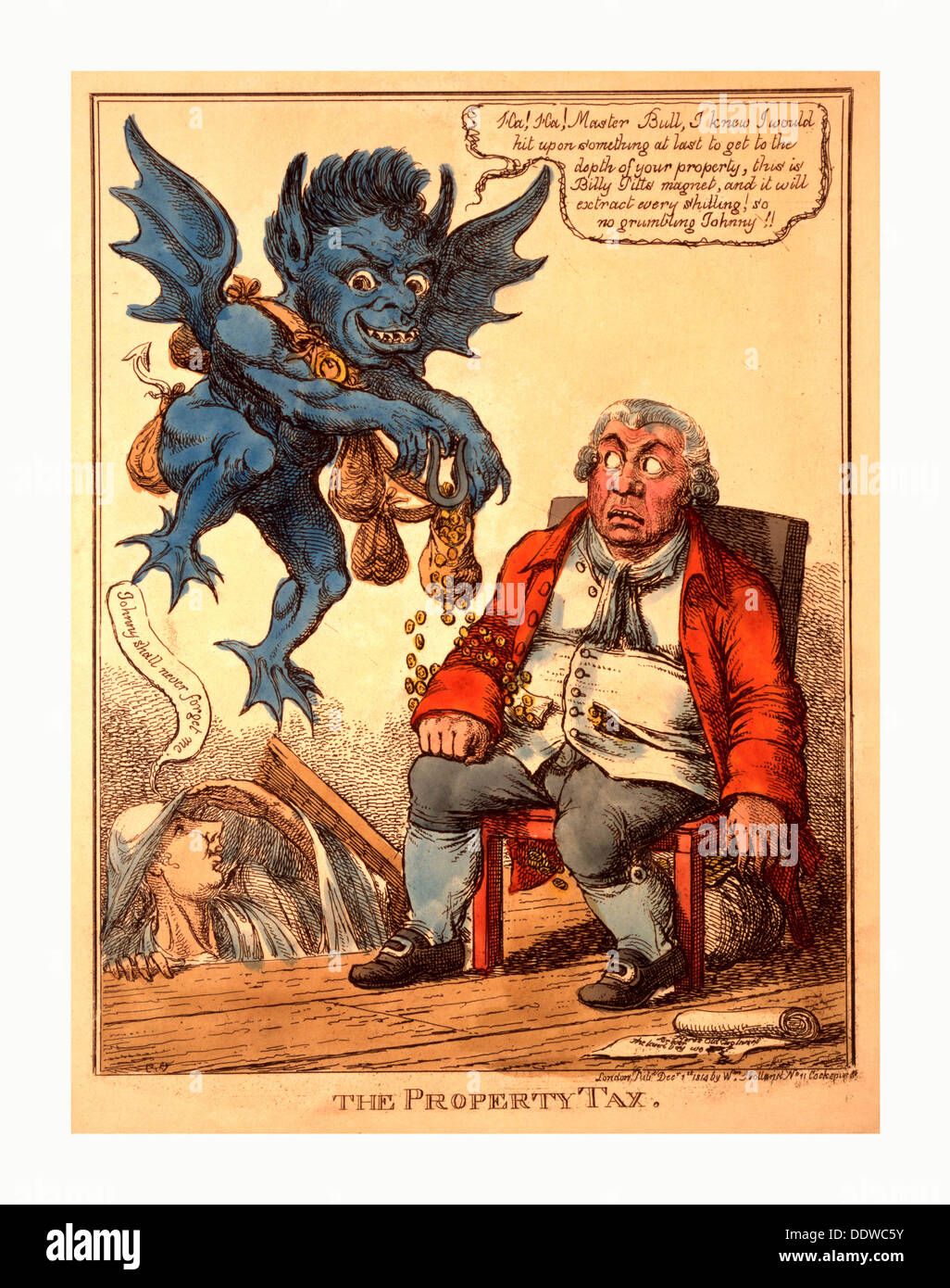 La struttura fiscale, Williams, C., artista, incisione 1814, Cartoon mostra un prospero John Bull seduto in una sedia Foto Stock