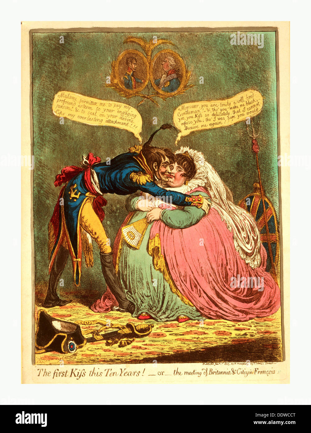 Il primo bacio questo dieci anni! - O - la riunione di Britannia & Cittadino Francois, Gillray James, 1756 1815, incisore, [Londra] Foto Stock