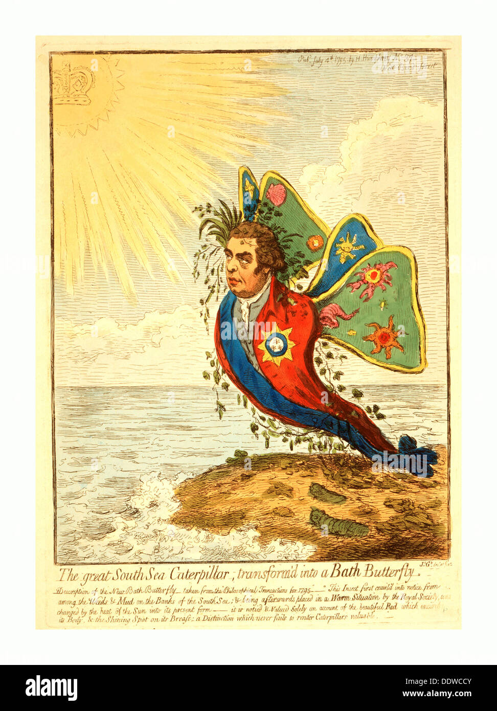 Il grande Mare del Sud di caterpillar, trasformare'd in un bagno farfalla, Gillray James, 1756-1815, artista [Londra], 1795 Foto Stock