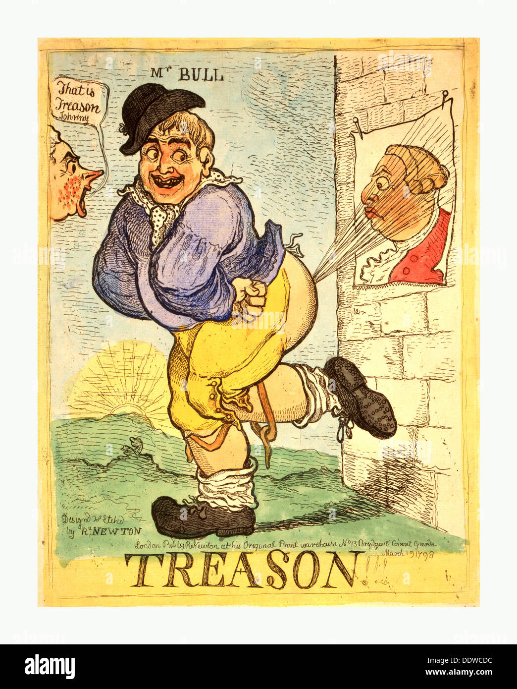 Tradimento, Newton, Richard, 1777 1798, artista, Londra, R. Newton, 1798, una stout, sorridente John Bull dirige un getto Foto Stock