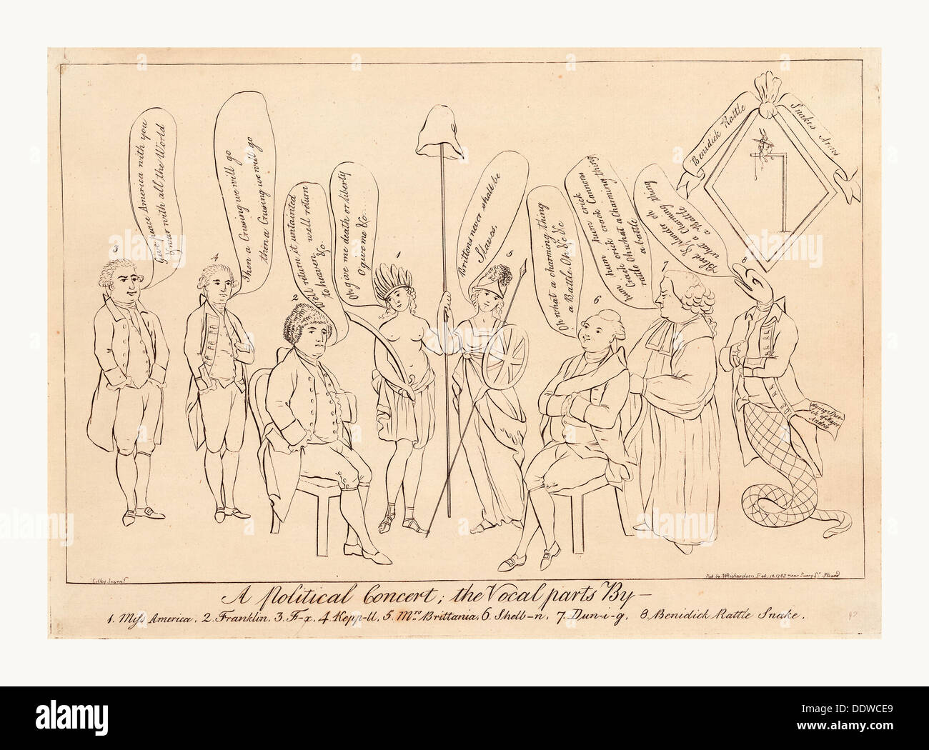 Un concerto politico; le parti vocali da 1. Miss America, 2. Franklin, 3. F--x, 4. Kepp--ll, 5. La sig.ra Britania, 6. Shelb--n Foto Stock