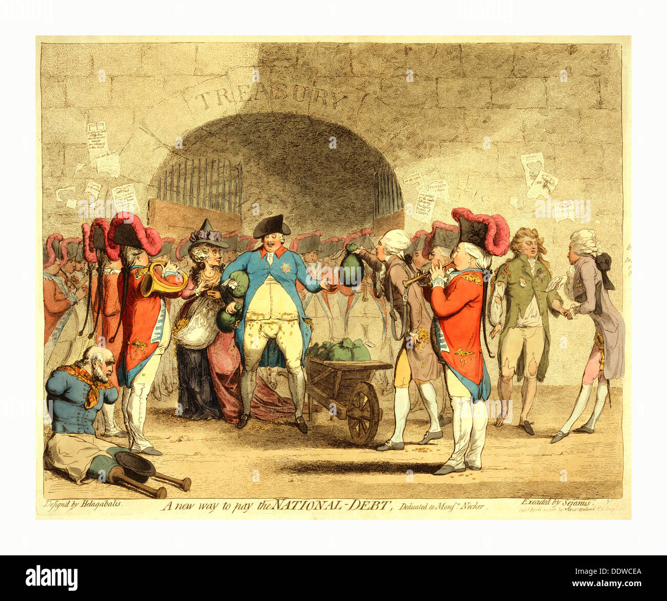 Un nuovo modo per pagare il national-debito, Cartoon mostra il re George III e Queen Charlotte in piedi davanti al tesoro, moneybags Foto Stock