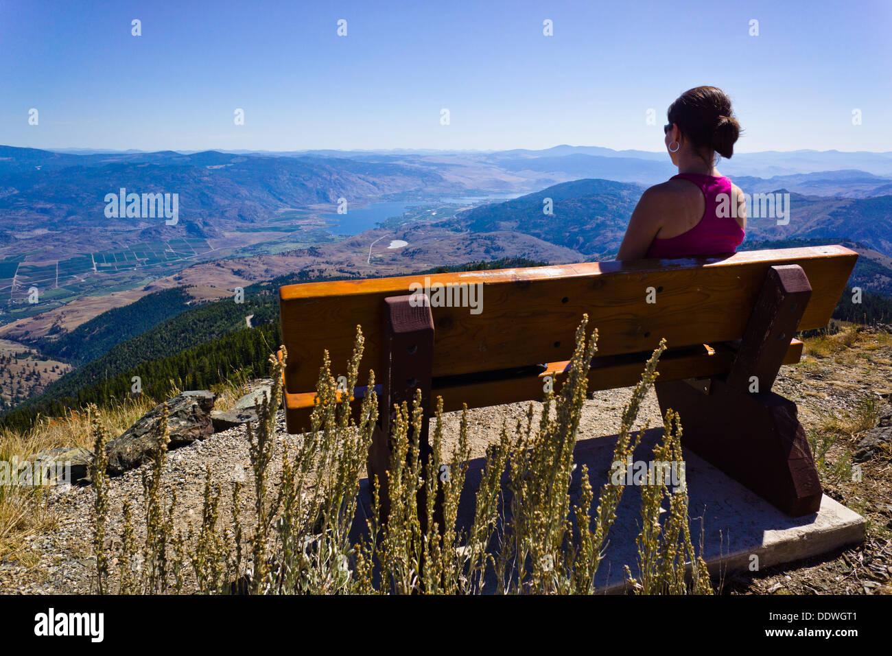 Ragazza sul banco di lavoro gode di vista sul Sud Okanagan Valley dal Monte Kobau vertice. Sud Okanagan praterie Area Protetta, BC, Can. Foto Stock