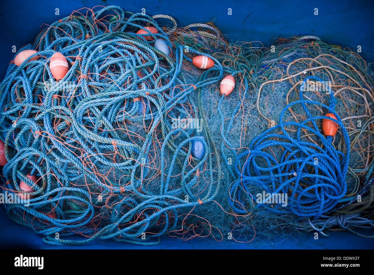 Close-up di una grande rete da pesca raccolse in un blu contenitore in plastica. Foto Stock
