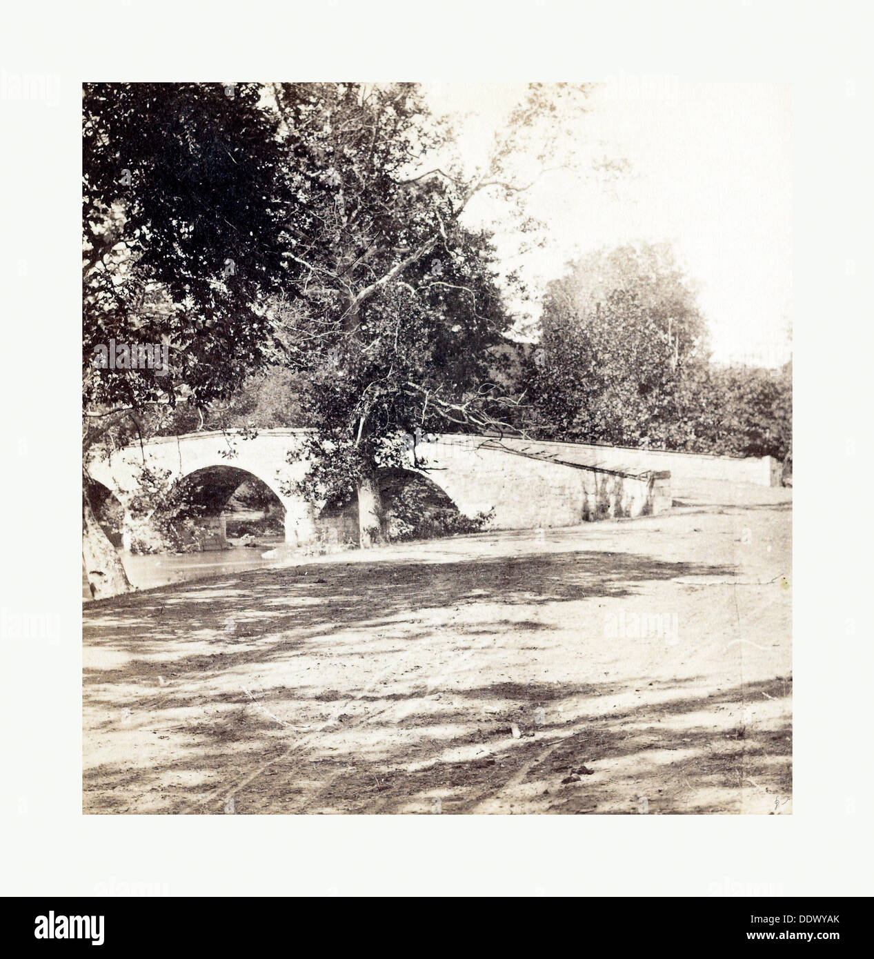 La guerra civile americana: Burnside Bridge, Antietam, sett, 1862, vista parziale di un ponte di pietra sul torrente Antietam in Maryland Foto Stock