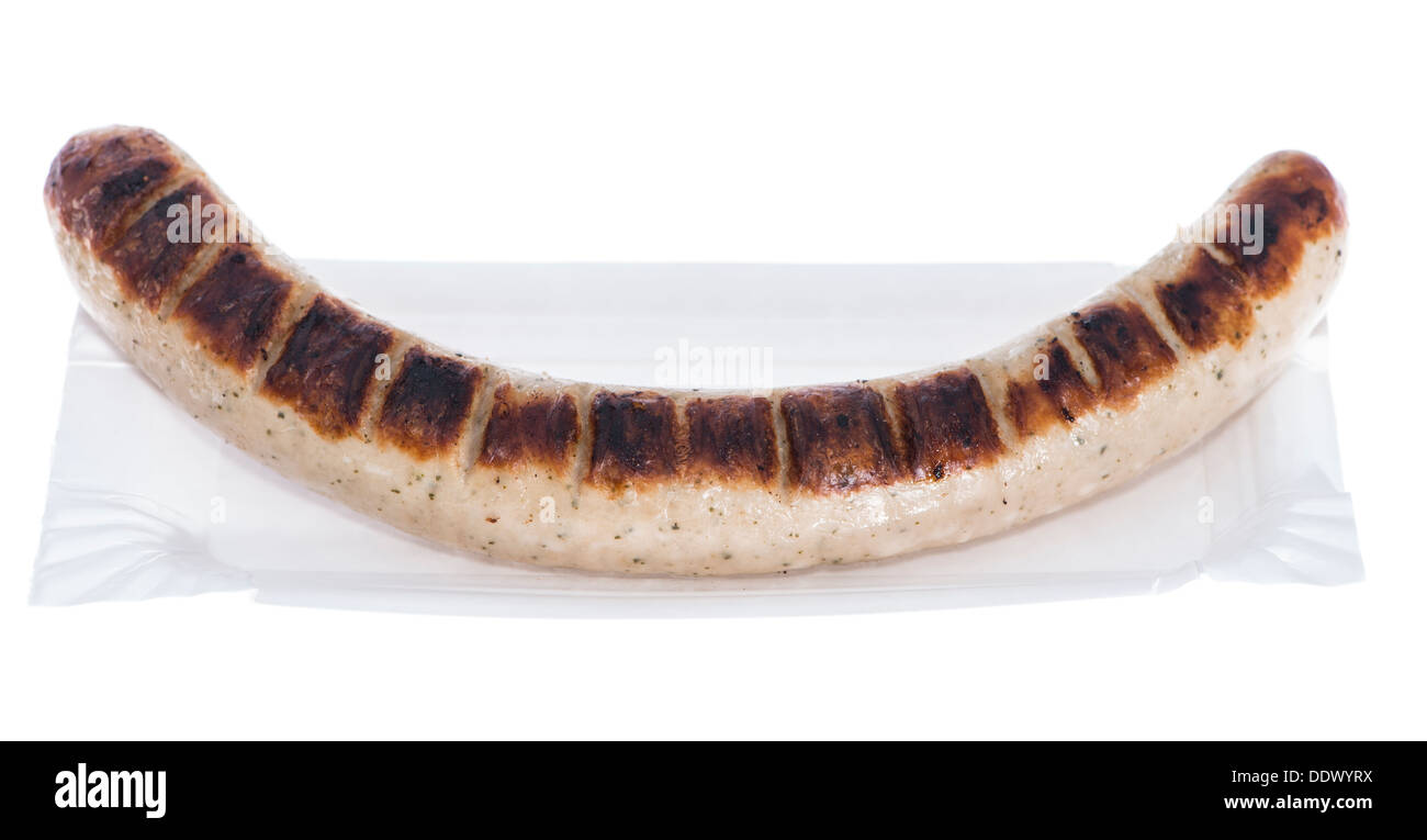 Bratwurst tedesco isolato su sfondo bianco Foto Stock