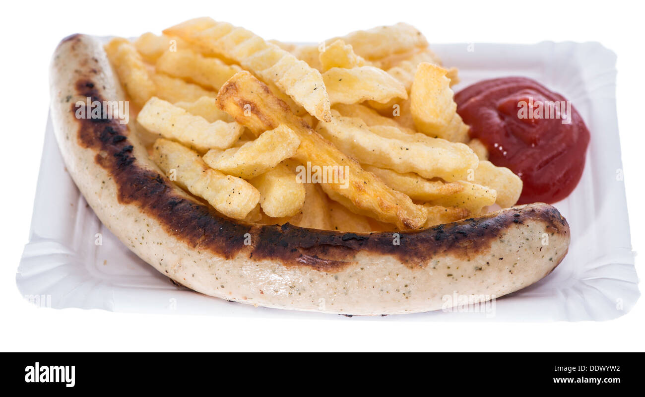 Bratwurst tedesco con Patatine fritte isolati su sfondo bianco Foto Stock