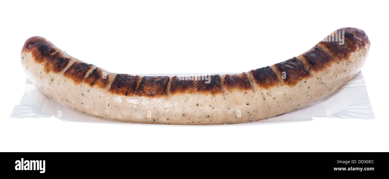 Testo originale tedesco il Bratwurst isolati su sfondo bianco Foto Stock