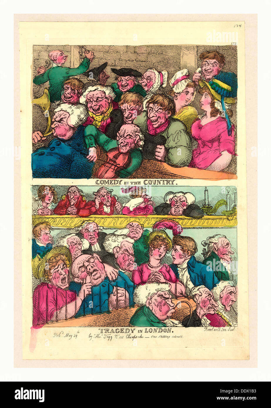 Commedia nel paese. La tragedia di Londra, Rowlandson, Thomas, 1756-1827, incisione 1807, due progetti su una piastra Foto Stock