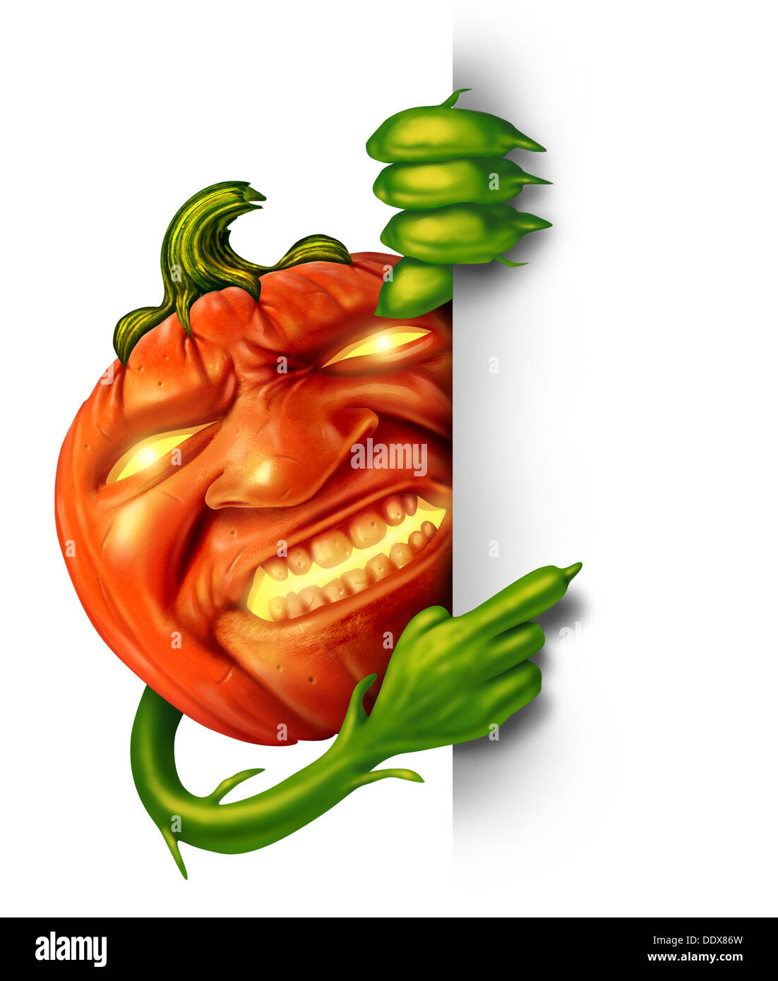 Carattere di Halloween segno come una zucca con espressione umana e pianta verde mani tenendo un vuoto verticale banner segno come un jack o lantern Halloween messaggio con un pauroso espressione per autunno su uno sfondo bianco. Foto Stock