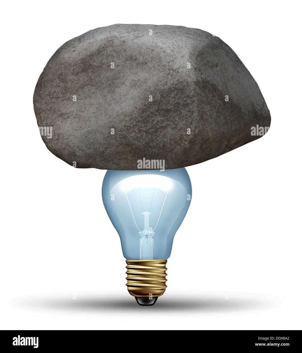 Idea forte concetto come una forza creativa simbolo della determinazione con una grande roccia o boulder seduto sulla cima di un vetro spia Foto Stock