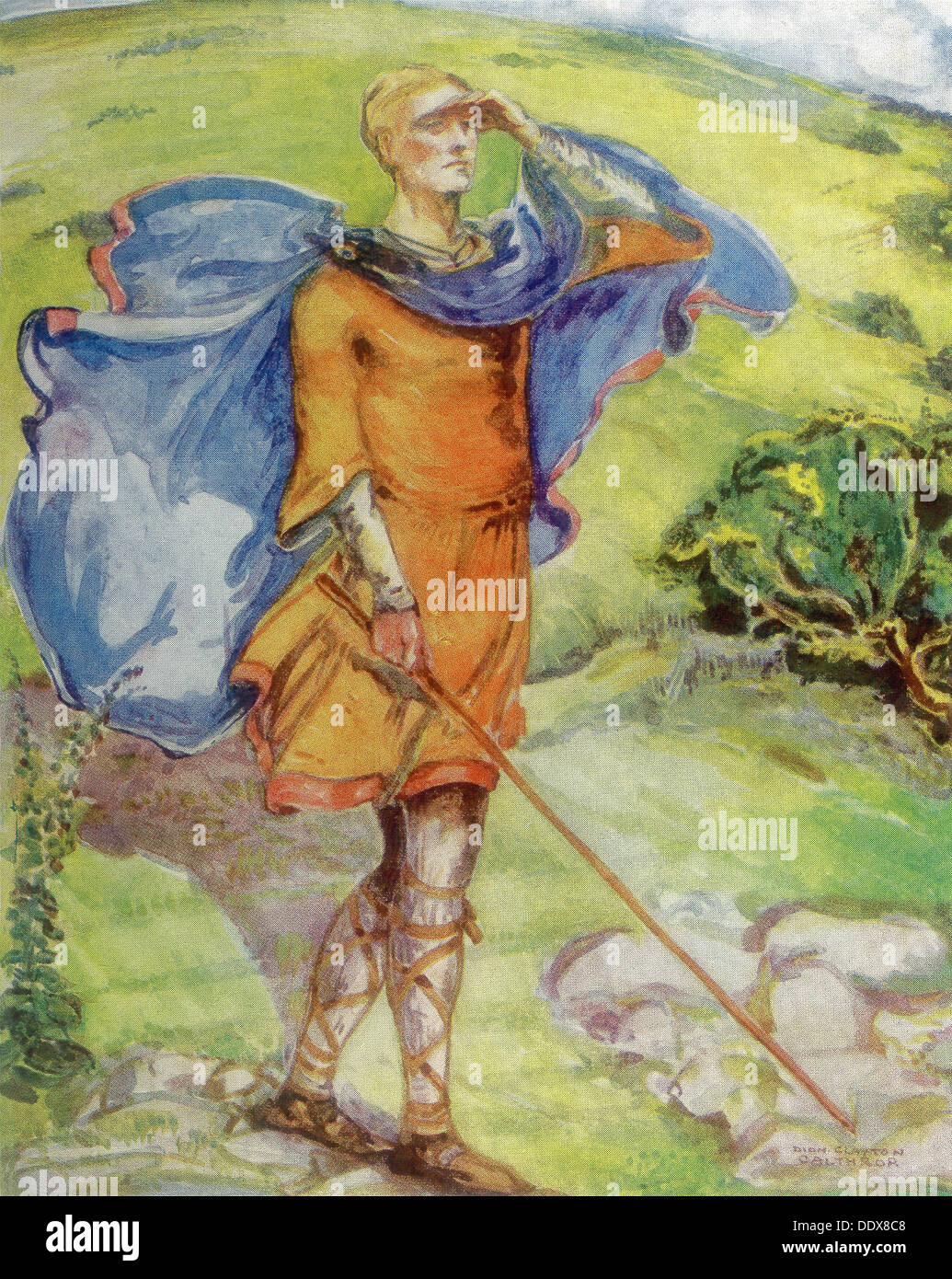 Un uomo inglese nel tempo di William (1066-1087) indossa un mantello, pelle tanga e una tunica raccordo per il suo corpo come un jersey. Foto Stock