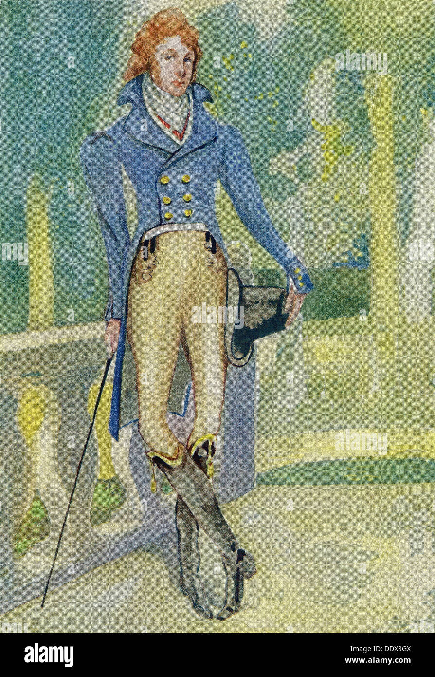Un uomo inglese nel tempo di George IV (1820-1830) con un soprabito indossato nei primi anni del novecento leggermente alterati, in abito da sera. Foto Stock