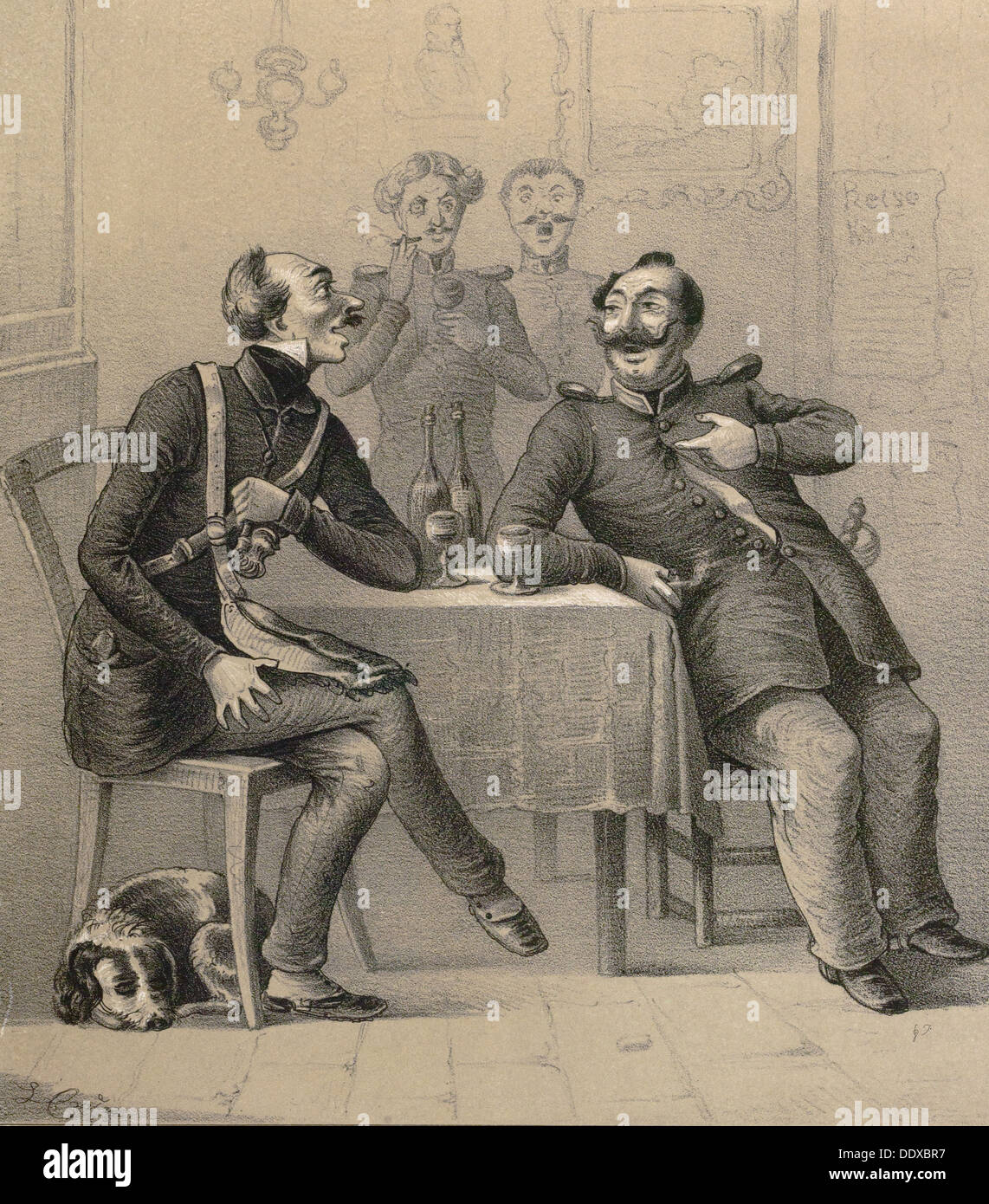 Militare tedesco bere un bicchiere di vino. le bottiglie di vino, bicchieri, bicchiere, bottiglia, uniformi, cane, interno, fumatori, tubo, talk Foto Stock