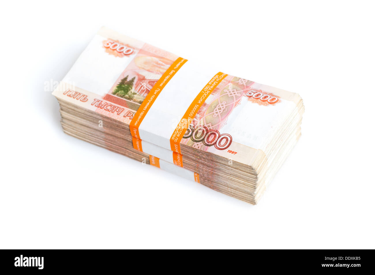 Il russo rubli isolato su bianco, grande pila di banconote Foto Stock