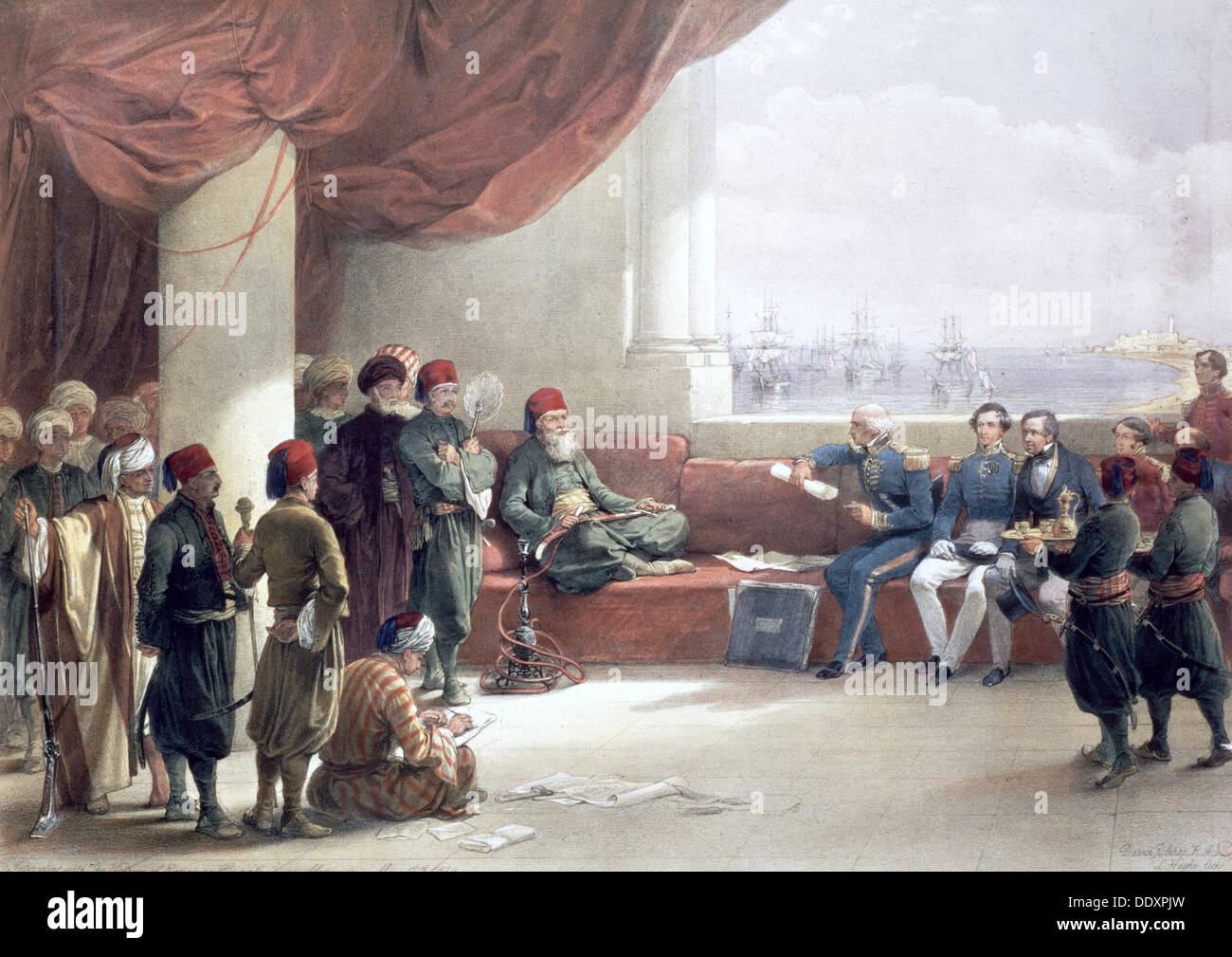 Intervista con il viceré d'Egitto presso il suo palazzo, Alessandria, Egitto, 12 maggio 1839, (xix secolo). Artista: David Roberts Foto Stock