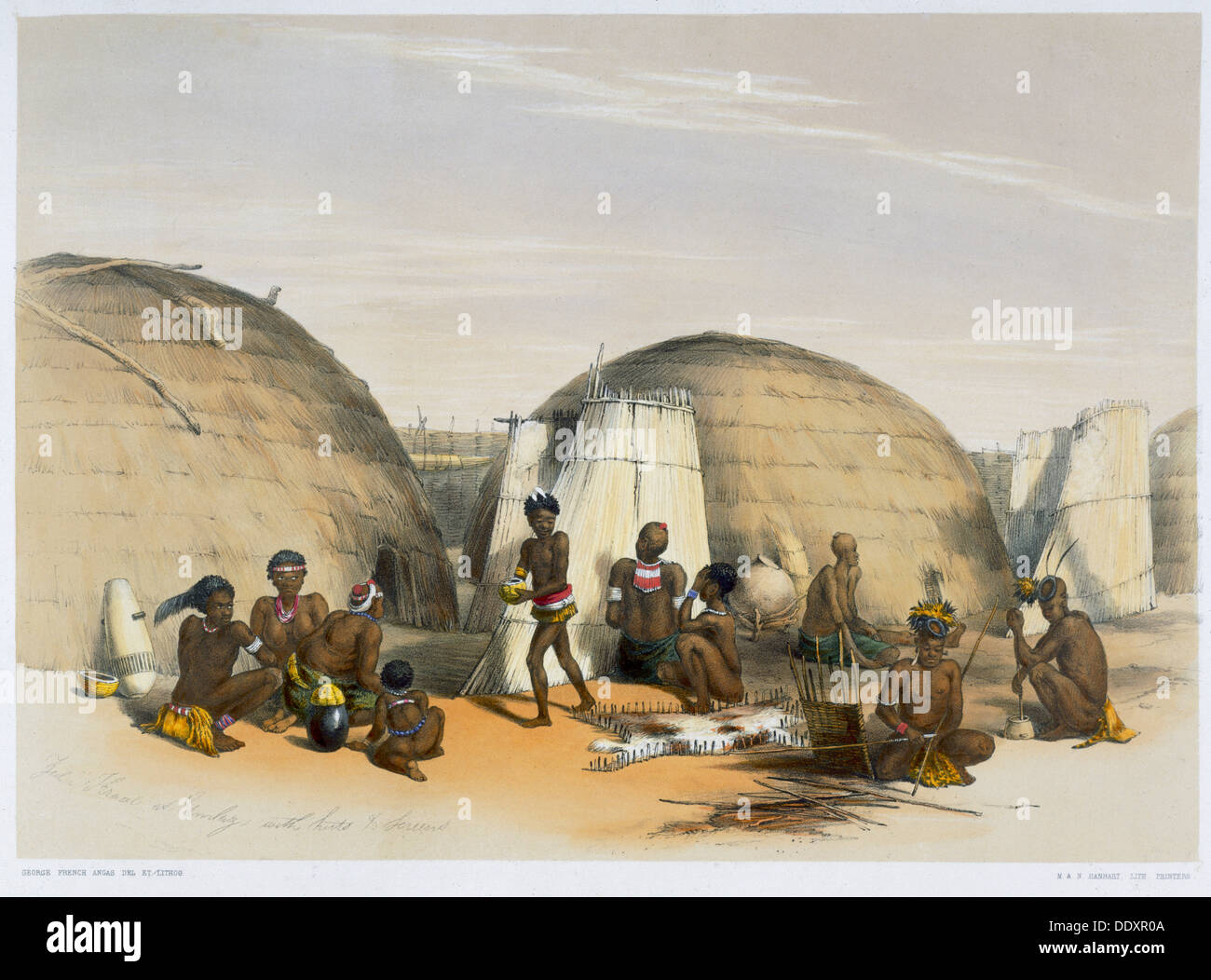 Kraal Zulu a Umlazi con capanne e schermi, 1849. Artista: George Angas francese Foto Stock