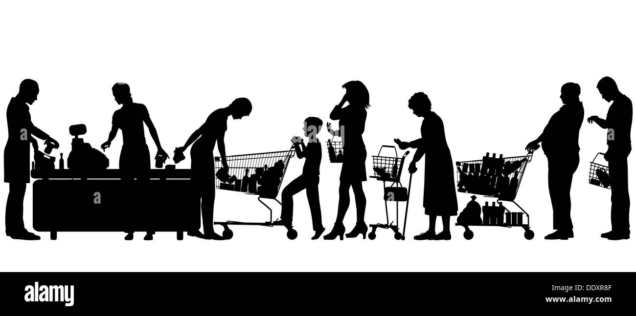 Illustrato sagome di persone in un supermercato acquista coda Foto Stock