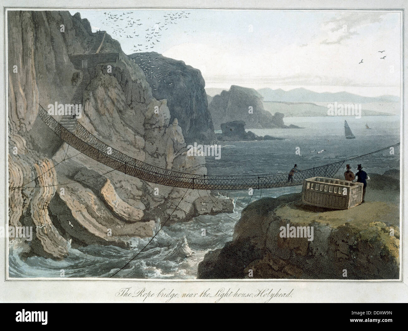 " Il ponte di corde vicino al faro, Holyhead', Anglesey, Galles, 1829. Artista: William Daniell Foto Stock