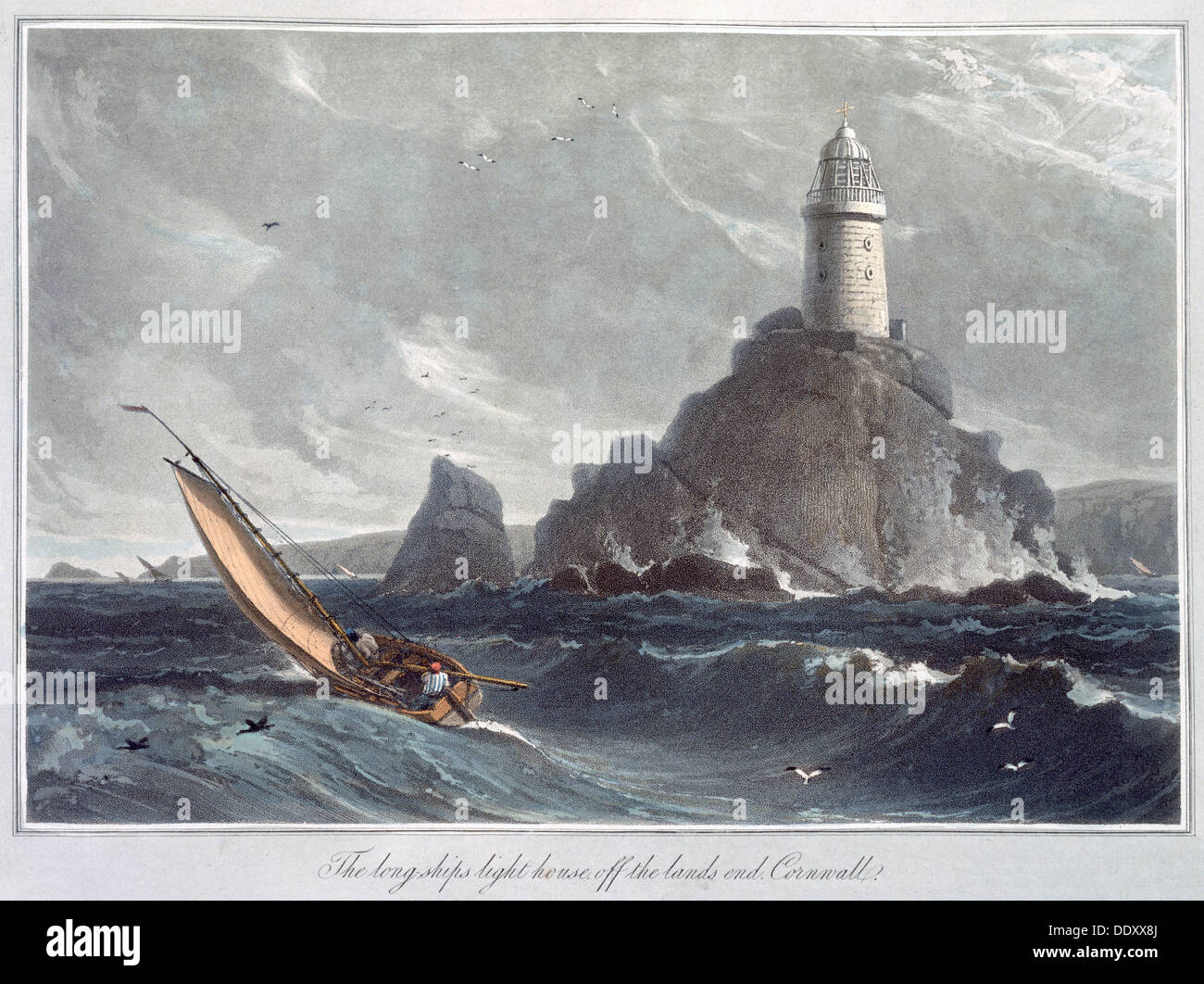 'L'Longships faro fuori il Lands End, Cornwall', 1814. Artista: William Daniell Foto Stock