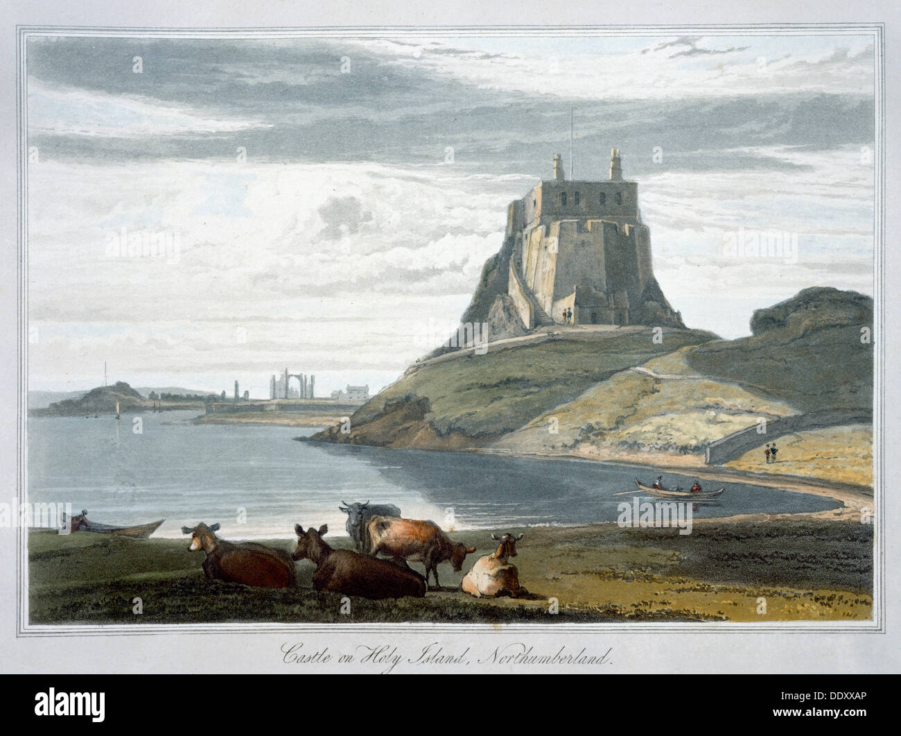 "Castello sull Isola Santa, Northumberland', 1822. Artista: William Daniell Foto Stock