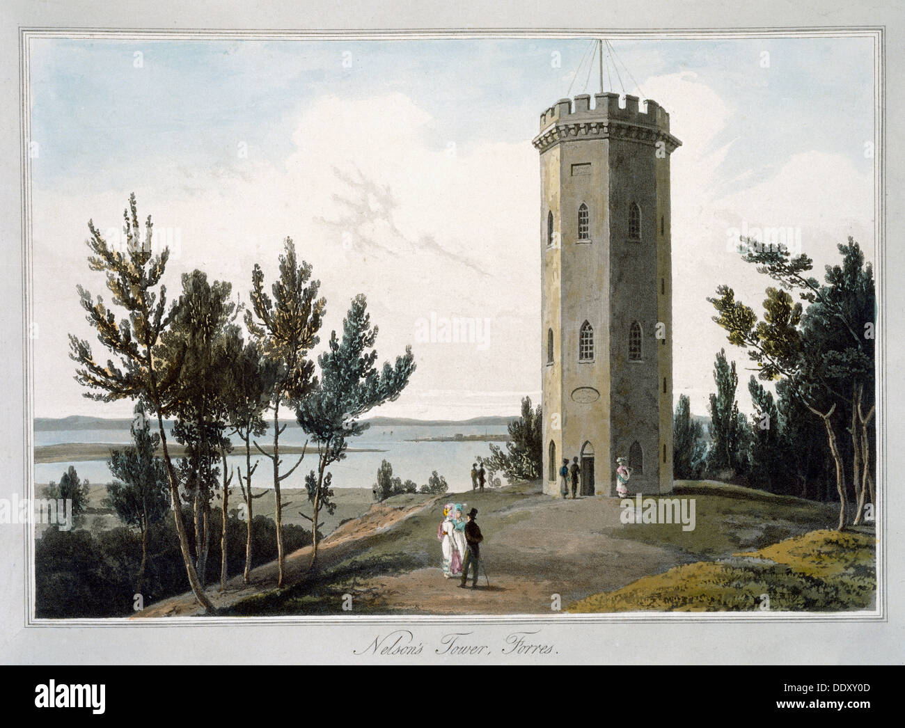 "Nelson's Tower, Forres', murene, Scozia, 1821. Artista: William Daniell Foto Stock