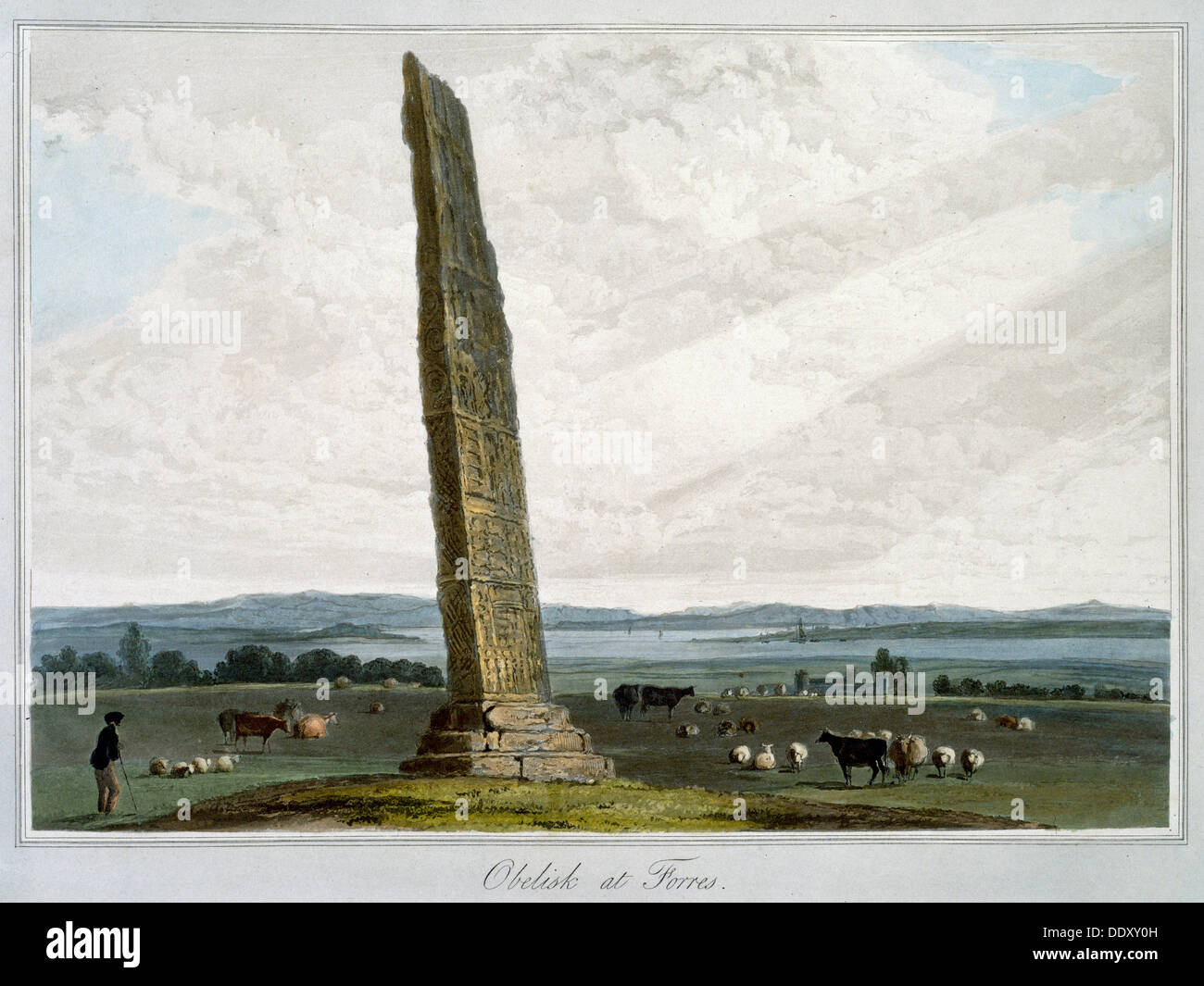 'Obelisco a Forres', murene, Scozia, 1821. Artista: William Daniell Foto Stock