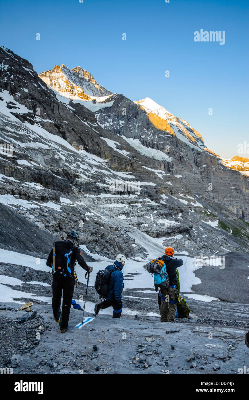 Sul Eiger/Rotstock cercando di discesa fino a 4158m Jungfrau (sinistra) e 3707m Silberhorn nelle Alpi svizzere nei pressi di Grindelwald Foto Stock