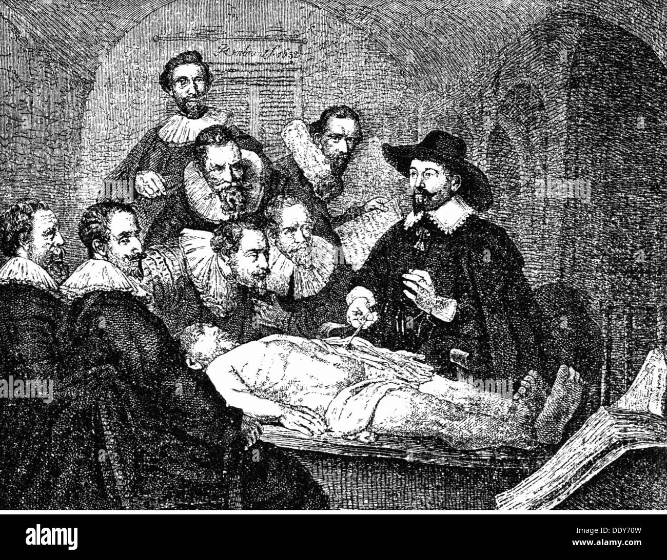 Medicina, anatomia, dissezione / autopsia, dopo la pittura 'la lezione di anatomia del Dr. Nicolaes Tulp' di Rembrandt van Rijn (1606 - 1669), 1632, incisione del legno, diritti aggiuntivi-clearences-non disponibile Foto Stock