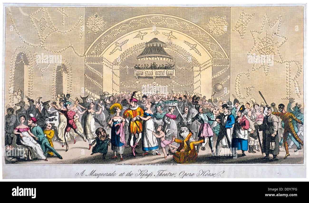 Vista interna di un ballo in maschera presso il King's theatre, Haymarket, Londra, 1821. Artista: Anon Foto Stock