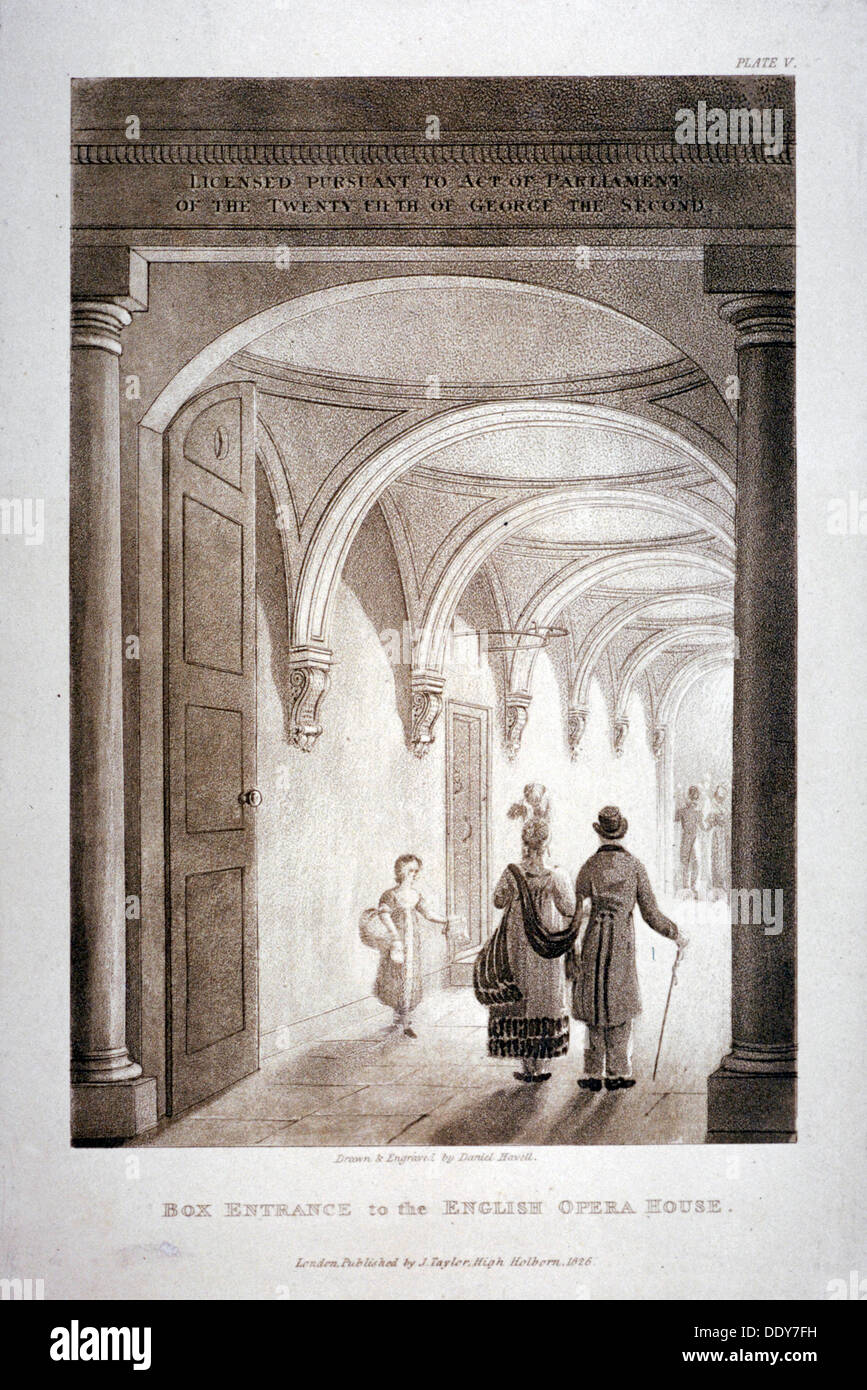 Vista la casella Entrata in King's theatre, Haymarket, Londra, 1837. Artista: Daniel Havell Foto Stock